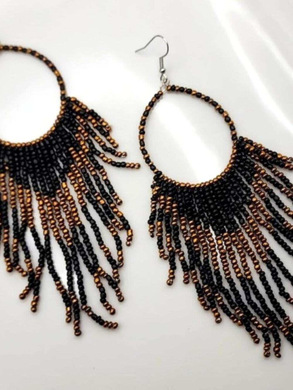 Vesper Fringe Black Boho Beaded Hoop Earrings